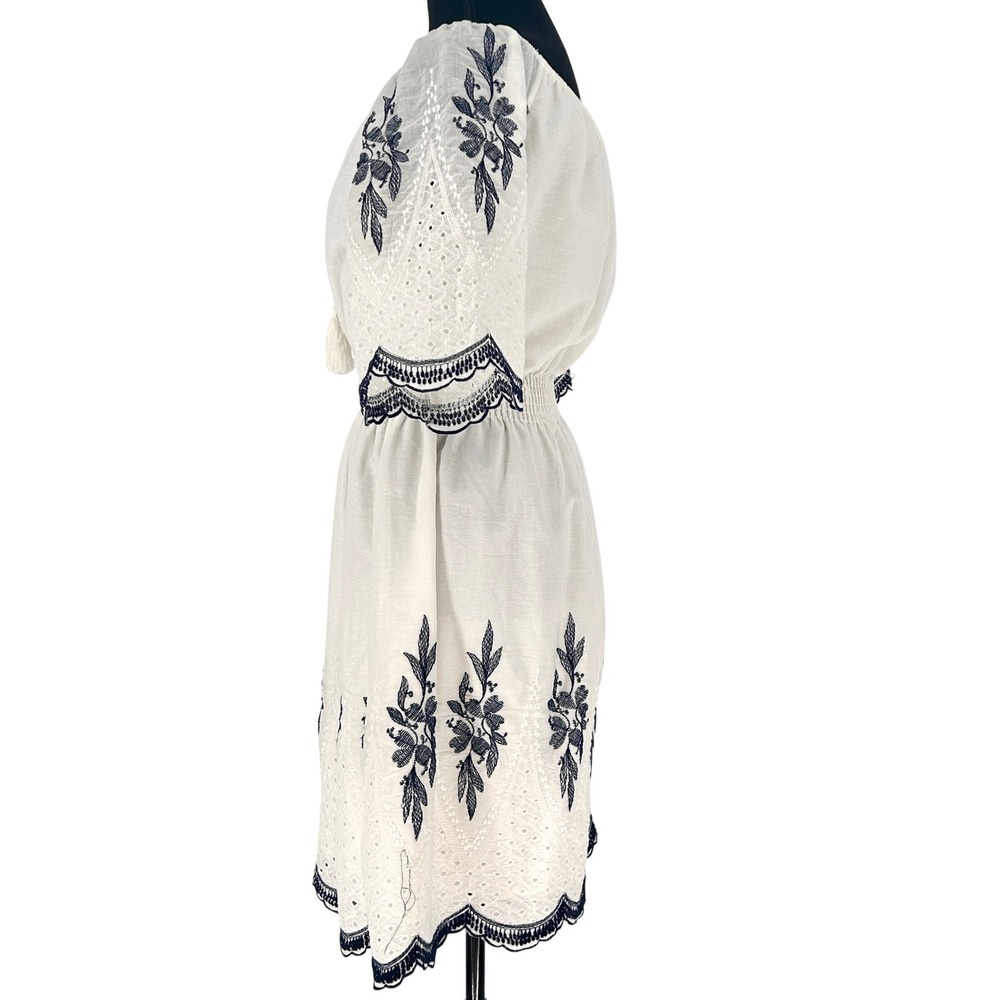 Kindred Embroidered Peasant Derby Dress White Blue Boho Cottage Smocked Medium - Picture 3 of 12